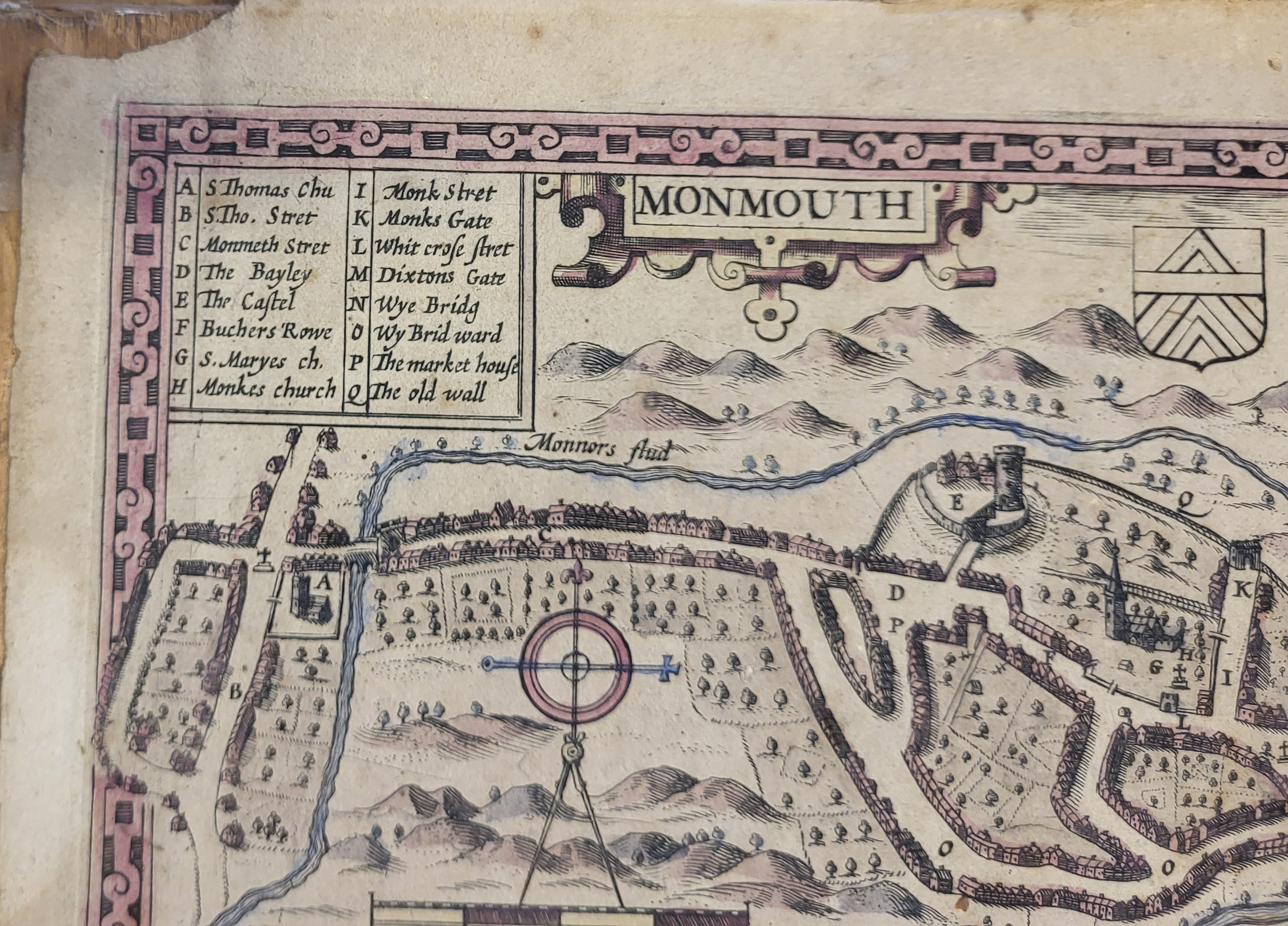 AN ANTIQUE EARLY 17TH CENTURY COPPER PLATE HAND COLOURED MAP OF MONMOUTH BY JOHN SPEEDE Anno Domini, - Image 3 of 6