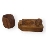ROBERT THOMPSON, 1876 - 1955, A CARVED MOUSEMAN ASHTRAY AND NAPKIN RING A rectangular carved ashtray