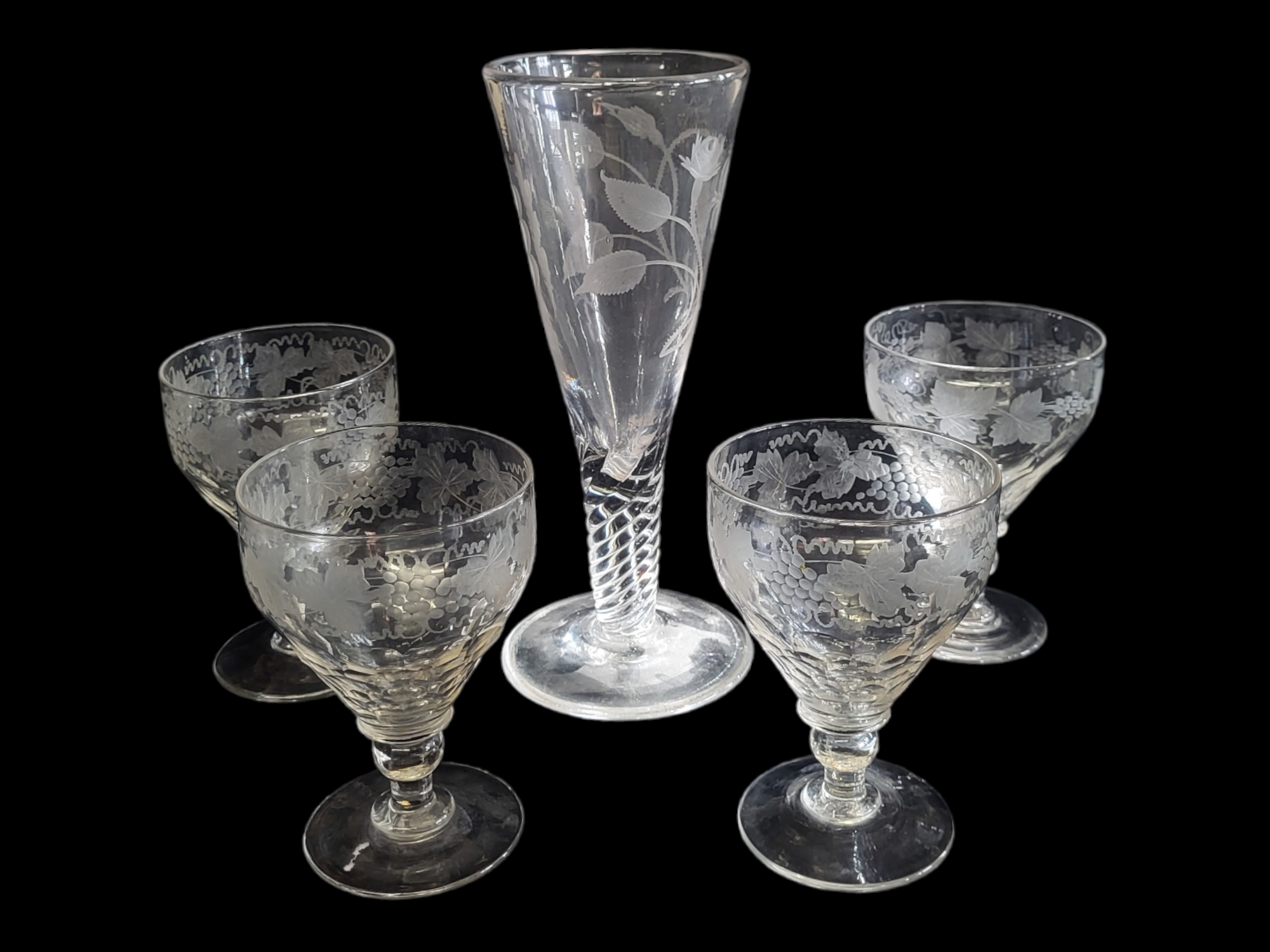 A LARGE 18TH CENTURY STYLE TRUMPET FORM PRESENTATION WINE GLASS Heavy baluster fluted bowl, engraved