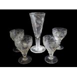 A LARGE 18TH CENTURY STYLE TRUMPET FORM PRESENTATION WINE GLASS Heavy baluster fluted bowl, engraved