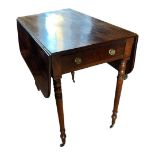A 19TH CENTURY MAHOGANY PEMBROKE TABLE With real and false drawers, on ring turned legs