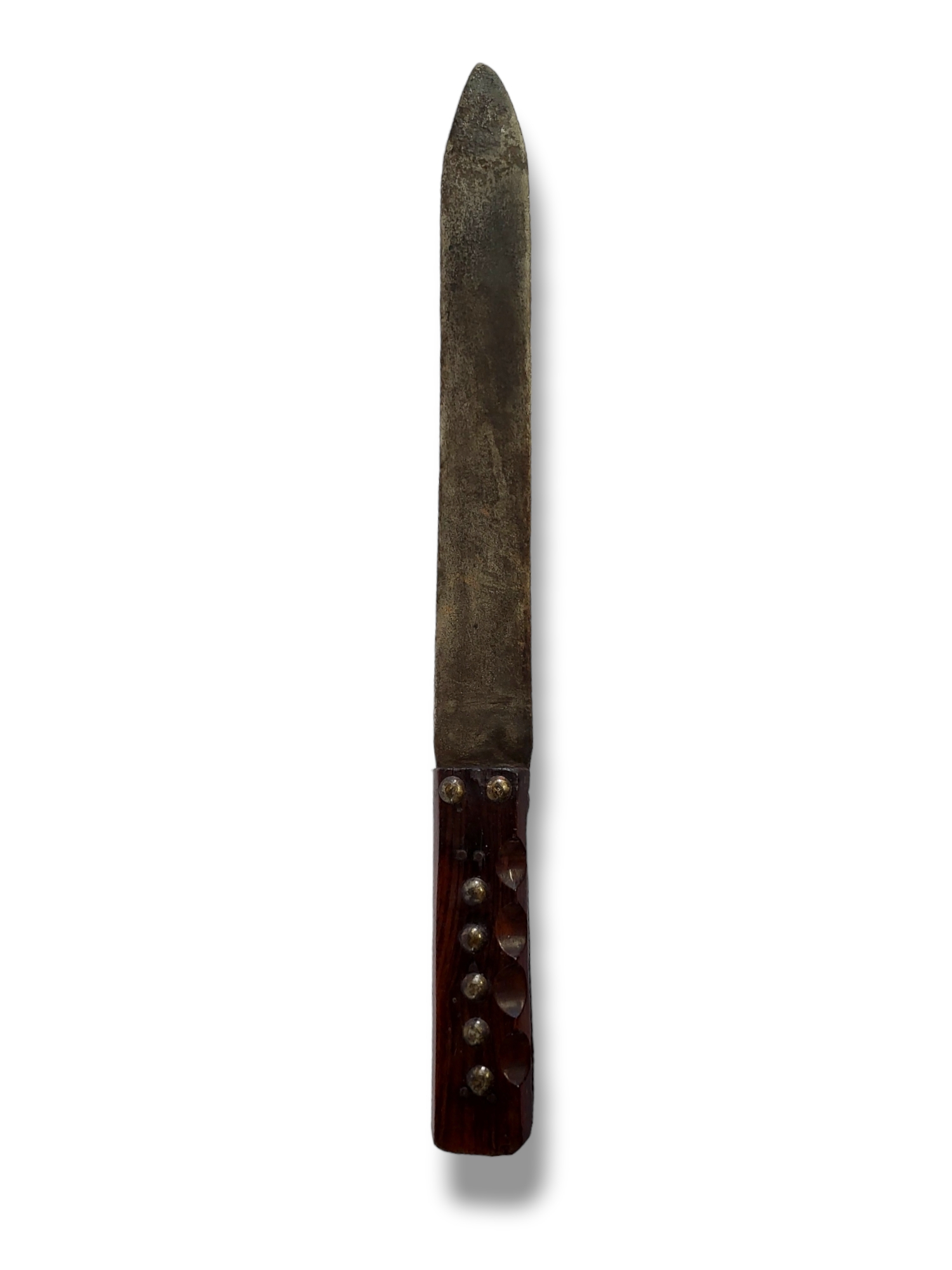 A LATE 19TH CENTURY NORTH AMERICAN INDIAN DOUBLE EDGED FIGHTING KNIFE The hardwood grip with stud