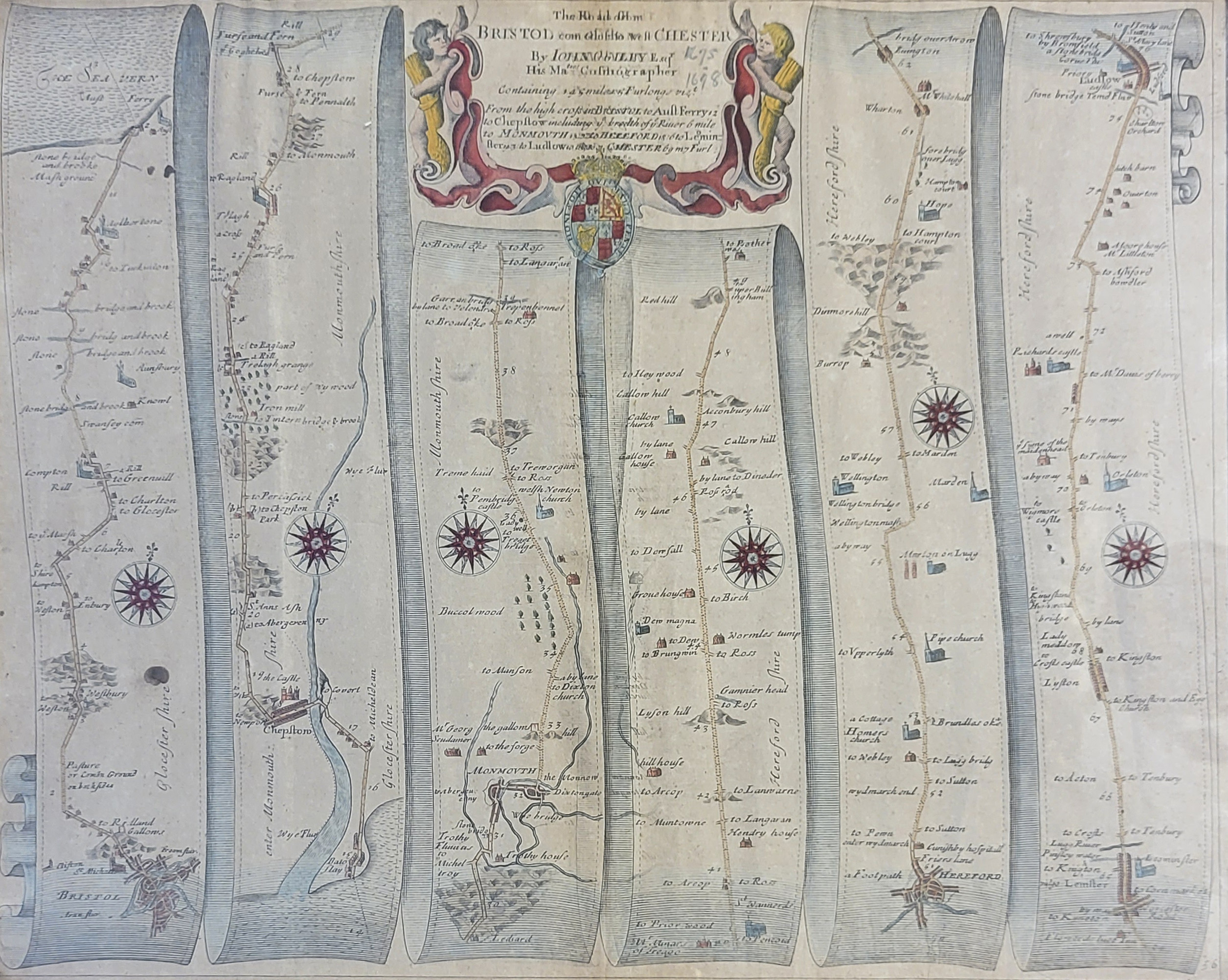 AN ANTIQUE 18TH CENTURY COPPER PLATE HAND COLOURED TOPOGRAPHICAL MAP MONMOUTH-LUDLOW BY JOHN GILBY