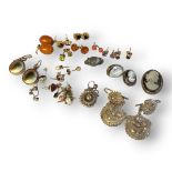 A COLLECTION OF EIGHT PAIRS OF VINTAGE YELLOW METAL AND GEM SET EARRINGS To include amber, coral,