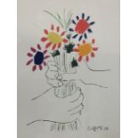 PABLO PICASSO, A LARGE VINTAGE LITHOGRAPH PRINT Bouquet of peace flowers, mounted, framed and