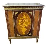 A MID 20TH CENTURY ITALIAN FLORAL MARQUETRY INLAID SIDE CABINET The marble top above a single