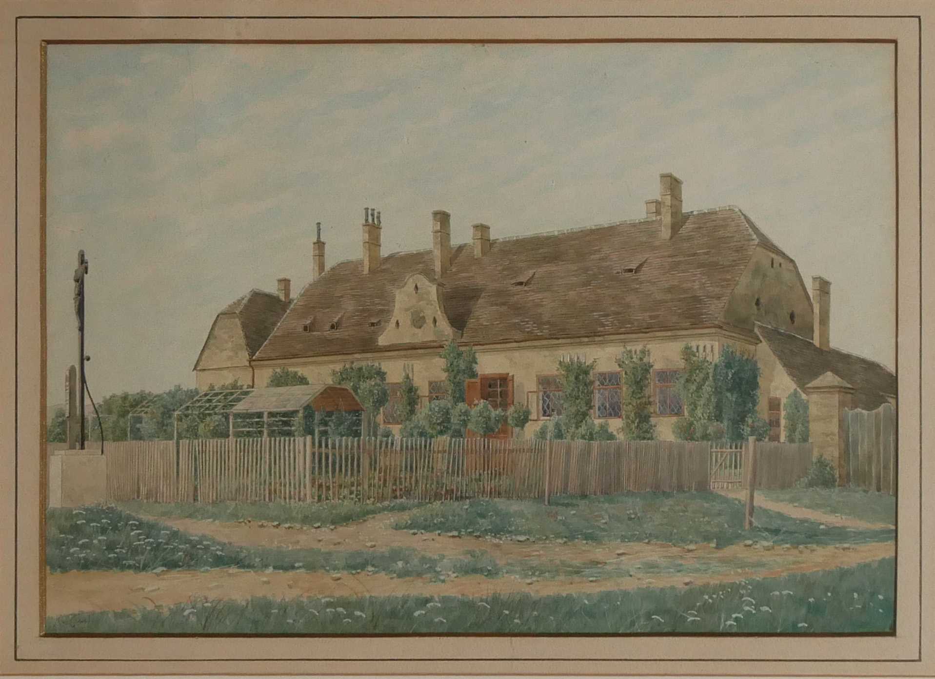 AN EARLY 20TH CENTURY CONTINENTAL WATERCOLOUR Landscape, large country house with crucifix in