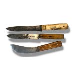 A GROUP OF THREE EARLY 20TH CENTURY KNIVES With stamped steel blades Kut-rite Rhodesia, John