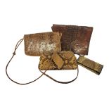 A VINTAGE CROCODILE SKIN HANDBAG BAG Along with two snake skin bags and a purse. (largest 30 x 21cm)