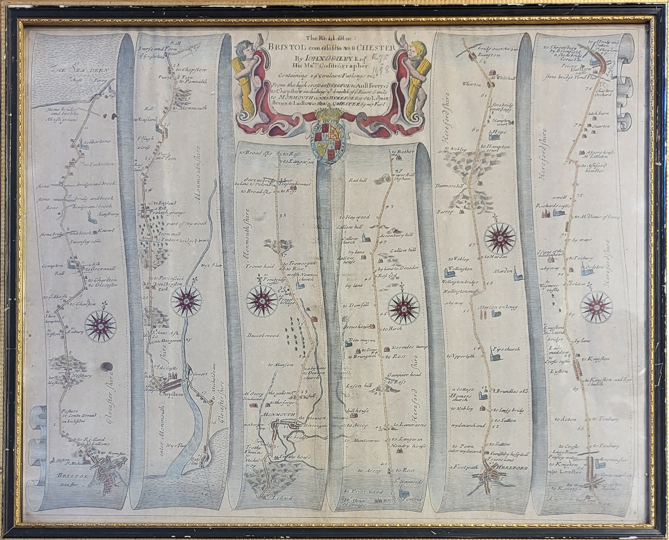 AN ANTIQUE 18TH CENTURY COPPER PLATE HAND COLOURED TOPOGRAPHICAL MAP MONMOUTH-LUDLOW BY JOHN GILBY - Image 2 of 3