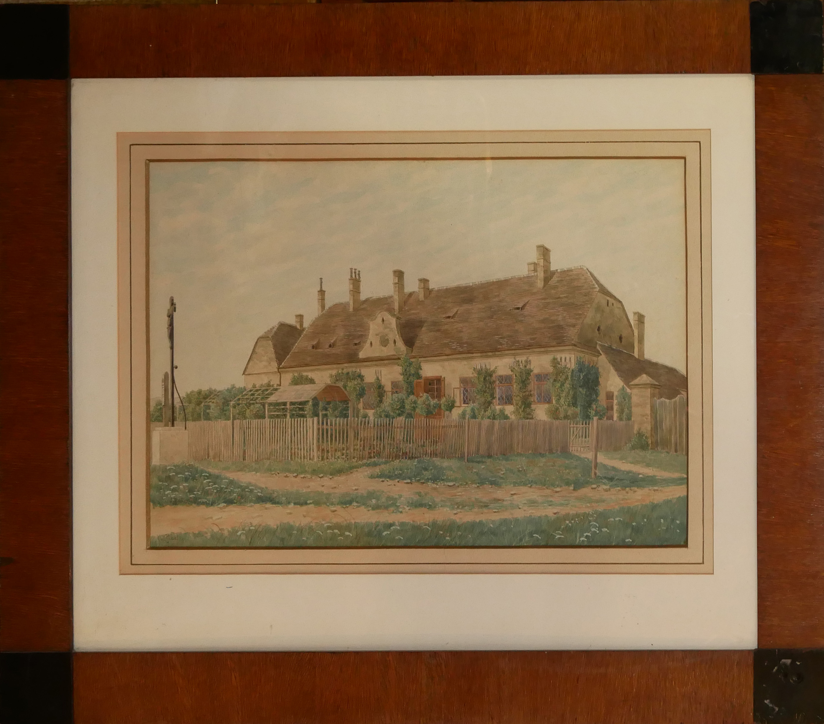 AN EARLY 20TH CENTURY CONTINENTAL WATERCOLOUR Landscape, large country house with crucifix in - Image 2 of 3