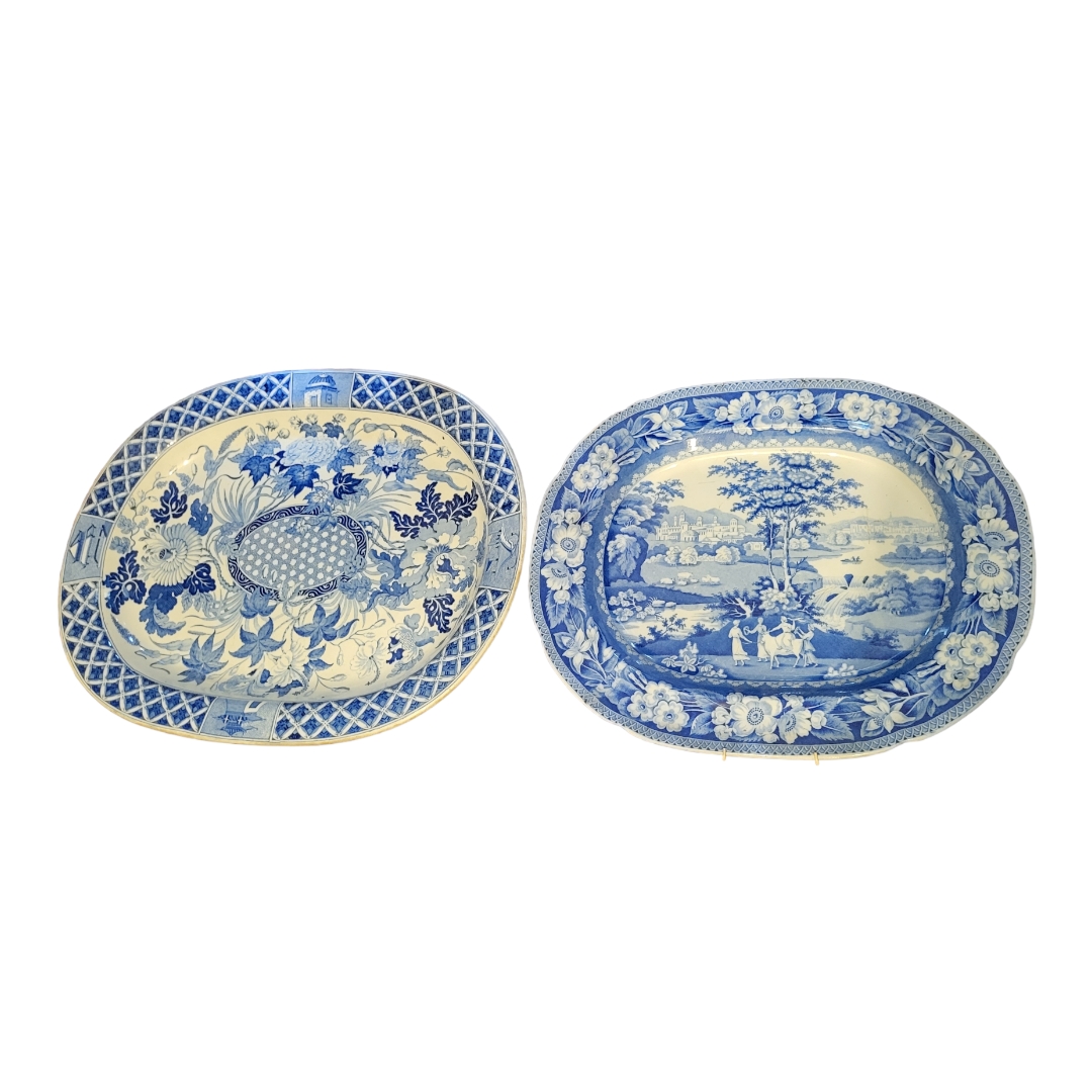 AN EARLY 19TH CENTURY RILEY’S OF STAFFORDSHIRE BLUE AND WHITE MEAT PLATTER English scenery series,