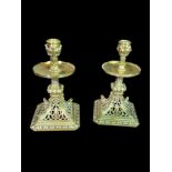 A PAIR OF FINE VICTORIAN GOTHIC REVIVAL HEAVY SOLID BRASS CANDLESTICKS With ornamental foliage