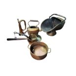 A MIXED COLLECTION OF MID VICTORIAN KITCHEN COPPER AND BRASS ITEMS Comprising solid copper saucepan,