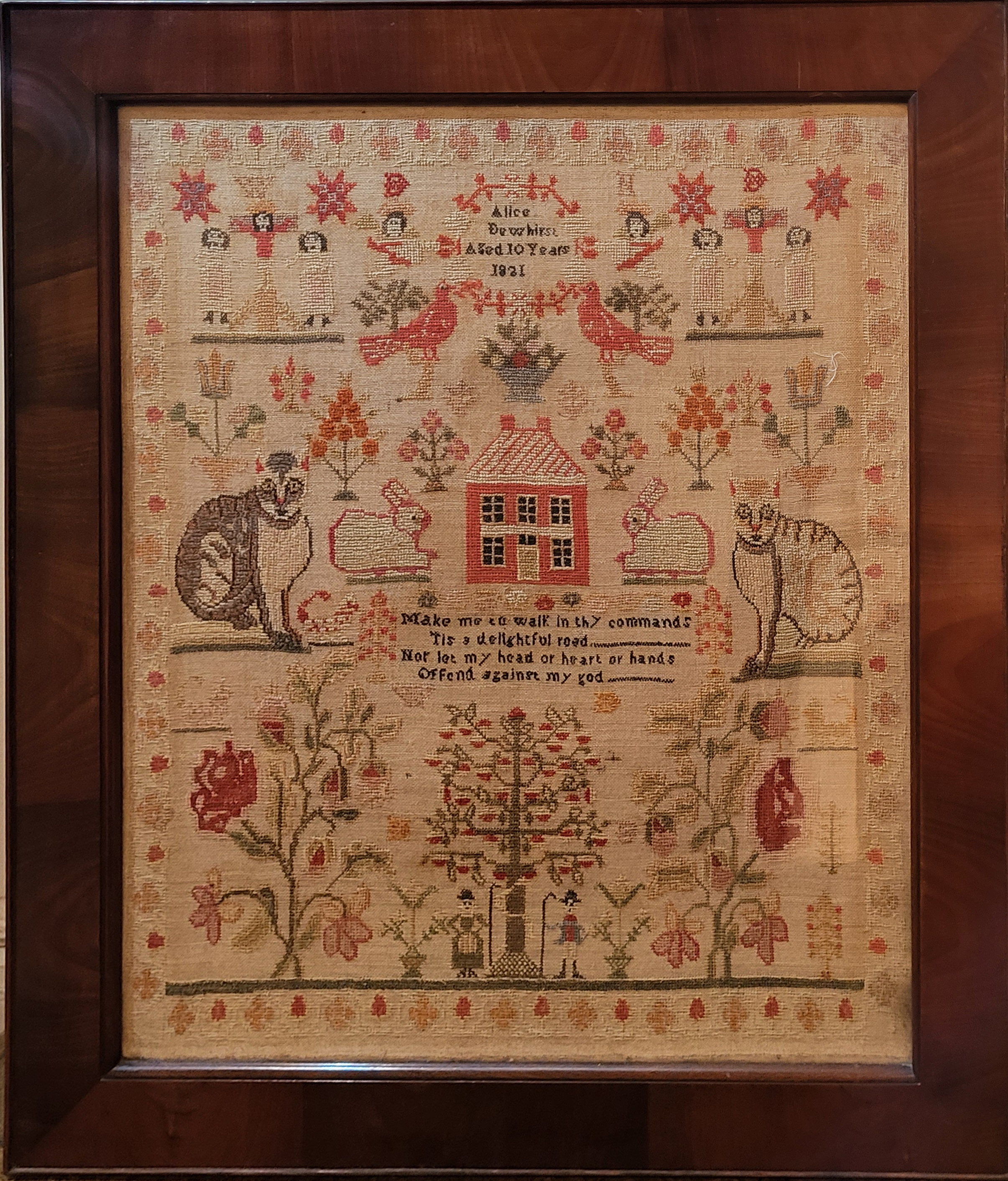 ALICE DEWHURST, AGED 10 YEARS, 1821, A LARGE NEEDLEWORK TAPESTRY SAMPLER large Mahogany framed and - Image 2 of 3