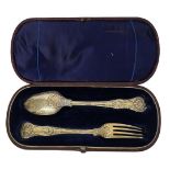 A VICTORIAN SILVER CHRISTENING SPOON AND FORK Having engraved decoration throughout and fitted