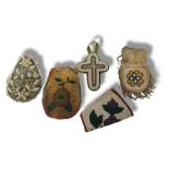 A COLLECTION OF ANTIQUE NATIVE AMERICAN INDIAN BEADWORK ITEMS To include an oval form pouch with
