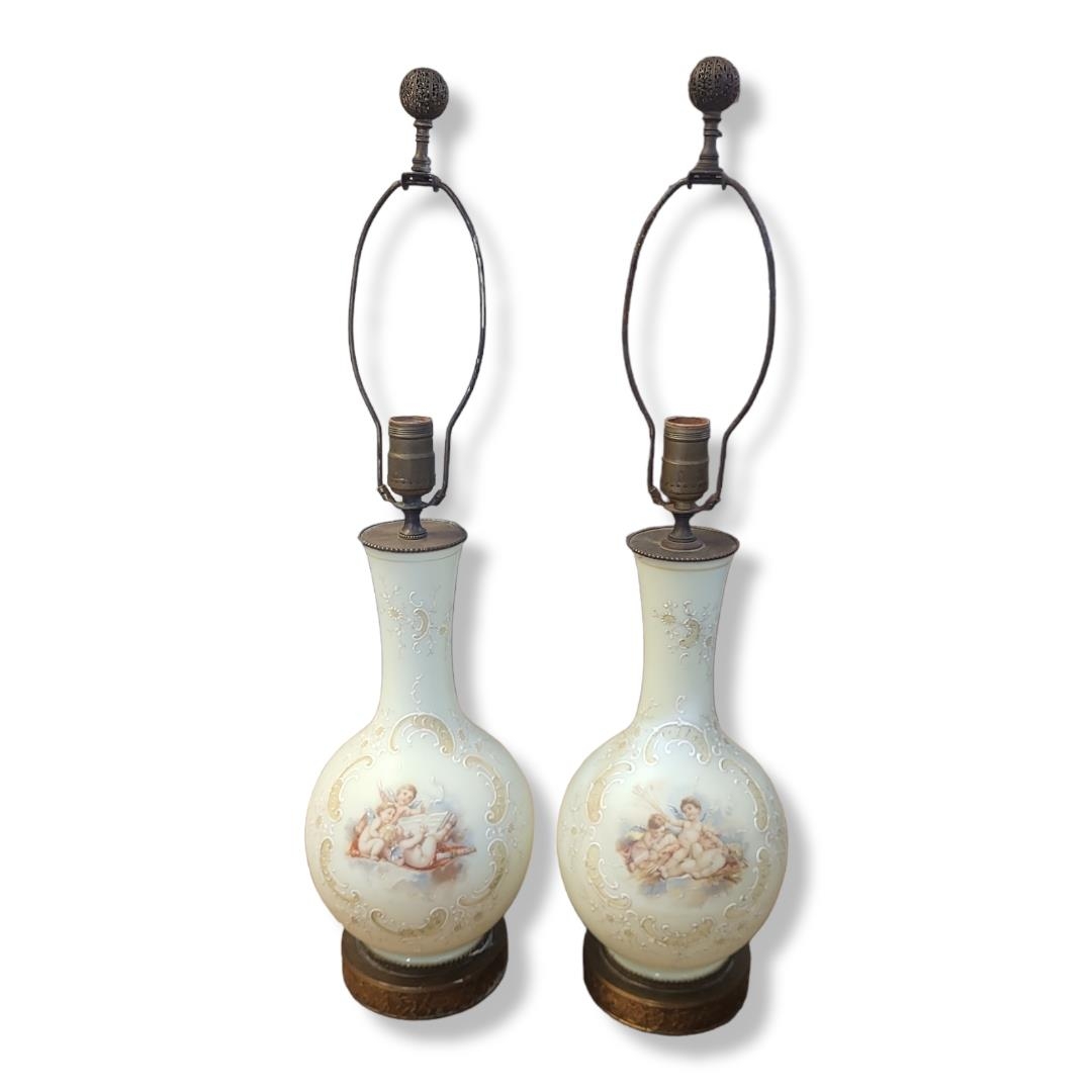 A PAIR OF LATE 19TH CENTURY FRENCH EMPIRE STYLE OPAQUE OPALINE GLASS BALUSTER LAMP BASES Painted