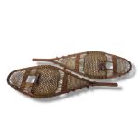 A PAIR OF ANTIQUE NATIVE AMERICAN INDIAN OVAL WOODEN SNOWSHOES With pierced wicker trellis and