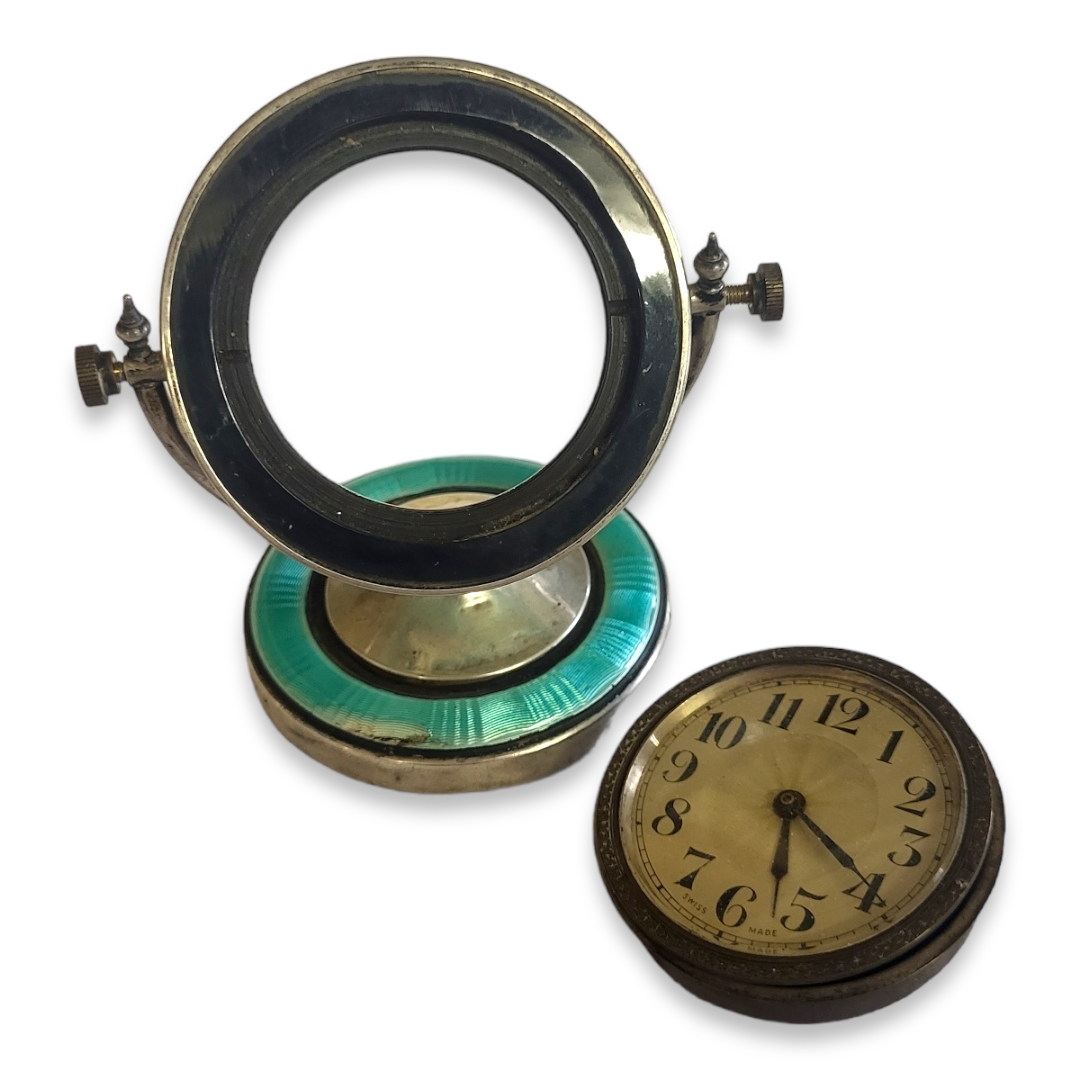 AN EDWARDIAN SILVER AND GUILLOCHE ENAMEL DRESSING CIRCULAR TABLE CLOCK With turquoise enamel and - Image 2 of 3