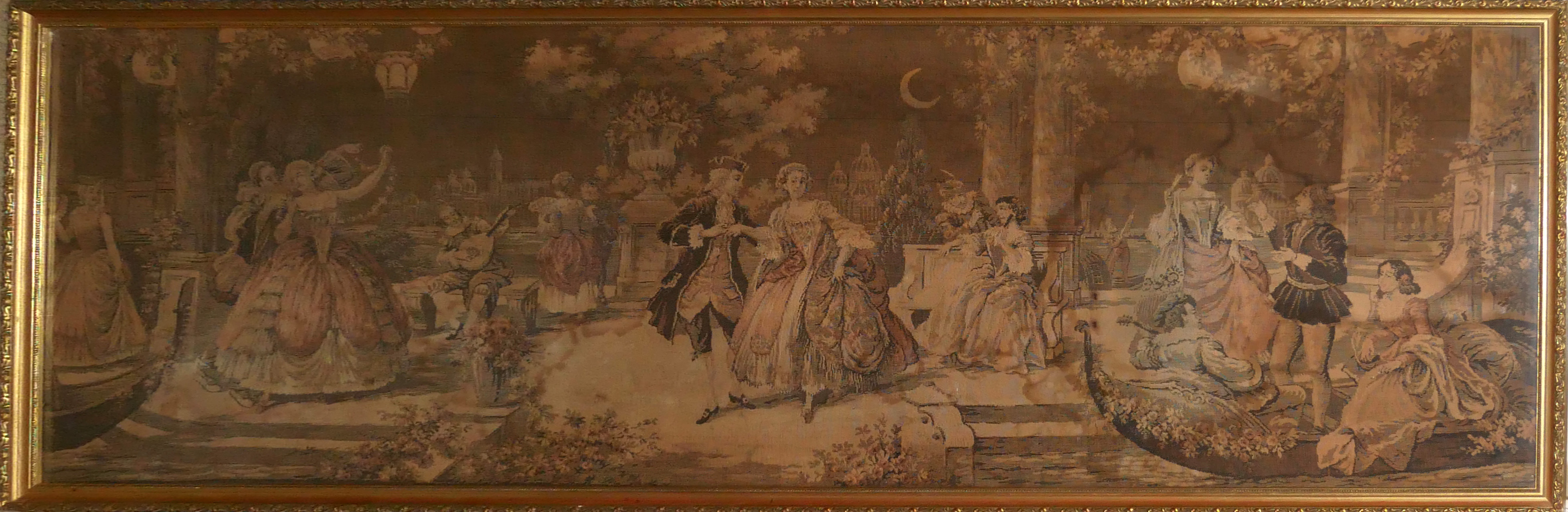 A 20TH CENTURY CONTINENTAL WOOLLEN TAPESTRY Courtyard scene with figures wearing 18th Century attire