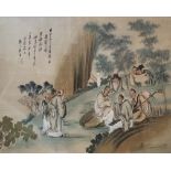 AN EARLY 20TH CENTURY CHINESE WATERCOLOUR, LANDSCAPE, GROUP OF ELDERS IN PERIOD ATTIRE NEAR A STREAM