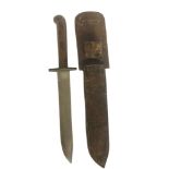 AN AMERICAN HUNTING/FIGHTING KNIFE In leather scabbard. (30cm) Condition: good, very slight