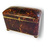 AN EARLY 19TH CENTURY REGENCY TORTOISESHELL TWIN DIVISION TEA CADDY, CIRCA 1810 - 1815 With domed