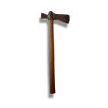 AN ANTIQUE NATIVE AMERICAN INDIAN IRON AND WOOD TOMAHAWK Having a triangular form iron axe with pipe