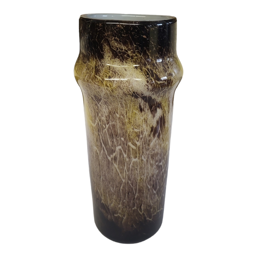 MONART OF SCOTLAND, AN EARLY 20TH CENTURY CYLINDRICAL IRIDESCENT ART GLASS VASE Swirling brown and - Image 2 of 3