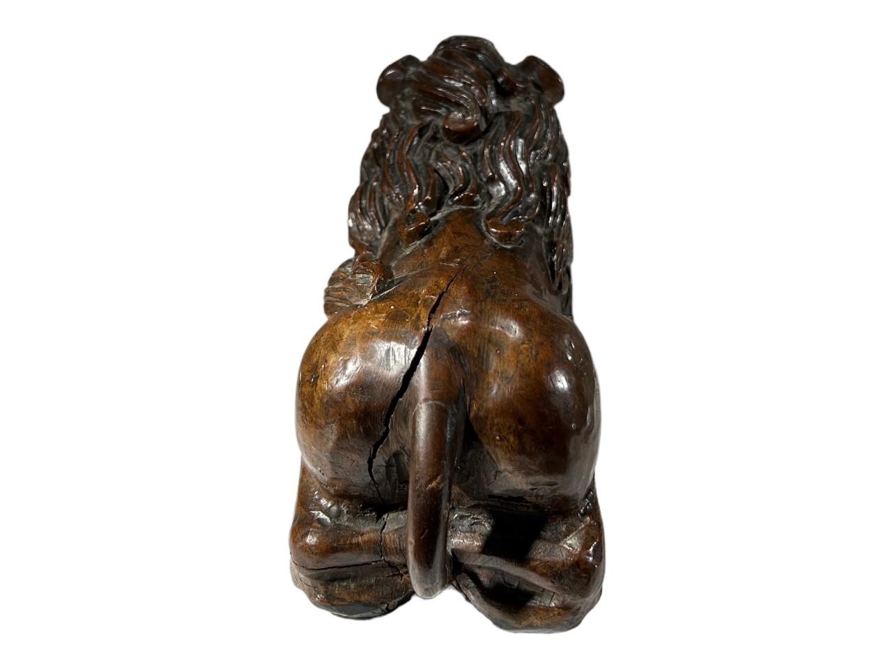 AN ITALIAN 18TH/19TH CENTURY (POSSIBLY WALNUT) CARVED WOOD FIGURE OF A LION. (h 12.5cm x w 20cm x - Image 3 of 7