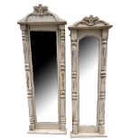 TWO LARGE 20TH CENTURY FRENCH CARVED WOOD AND PAINTED MIRRORS. (h 166.5cm x w 57cm, h 157.5cm x w