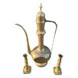 A 20TH CENTURY LARGE ISLAMIC TEAPOT TOGETHER WITH A PAIR OF GEORGIAN BRASS PUSH UP CANDLESTICKS.