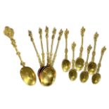 A SET OF SIX 19TH CENTURY VICTORIAN GILT APOSTLE TEASPOONS, SET OF FIVE APOSTLE SOUP SPOONS AND