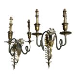 AN UNUSUAL PAIR OF 19TH CENTURY REGENCY BRASS AND ORMOLU TWO BRANCH WALL SCONCES, HAVING FRONTAL