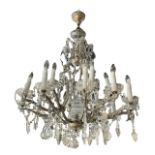 A LARGE AND IMPRESSIVE LOUIS XVI DESIGN EIGHTEEN BRANCH GILT METAL AND GLASS DROP CHANDELIER. (