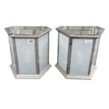 A PAIR OF ART DECO DESIGN SILVERED AND OPAQUE GLASS WALL LANTERNS. (h 24.5cm x d 15cm x w 25.5cm)