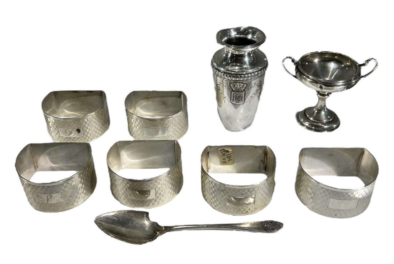 A COLLECTION OF 20TH CENTURY SILVER ITEMS To include six engine turned napkin rings, hallmarked