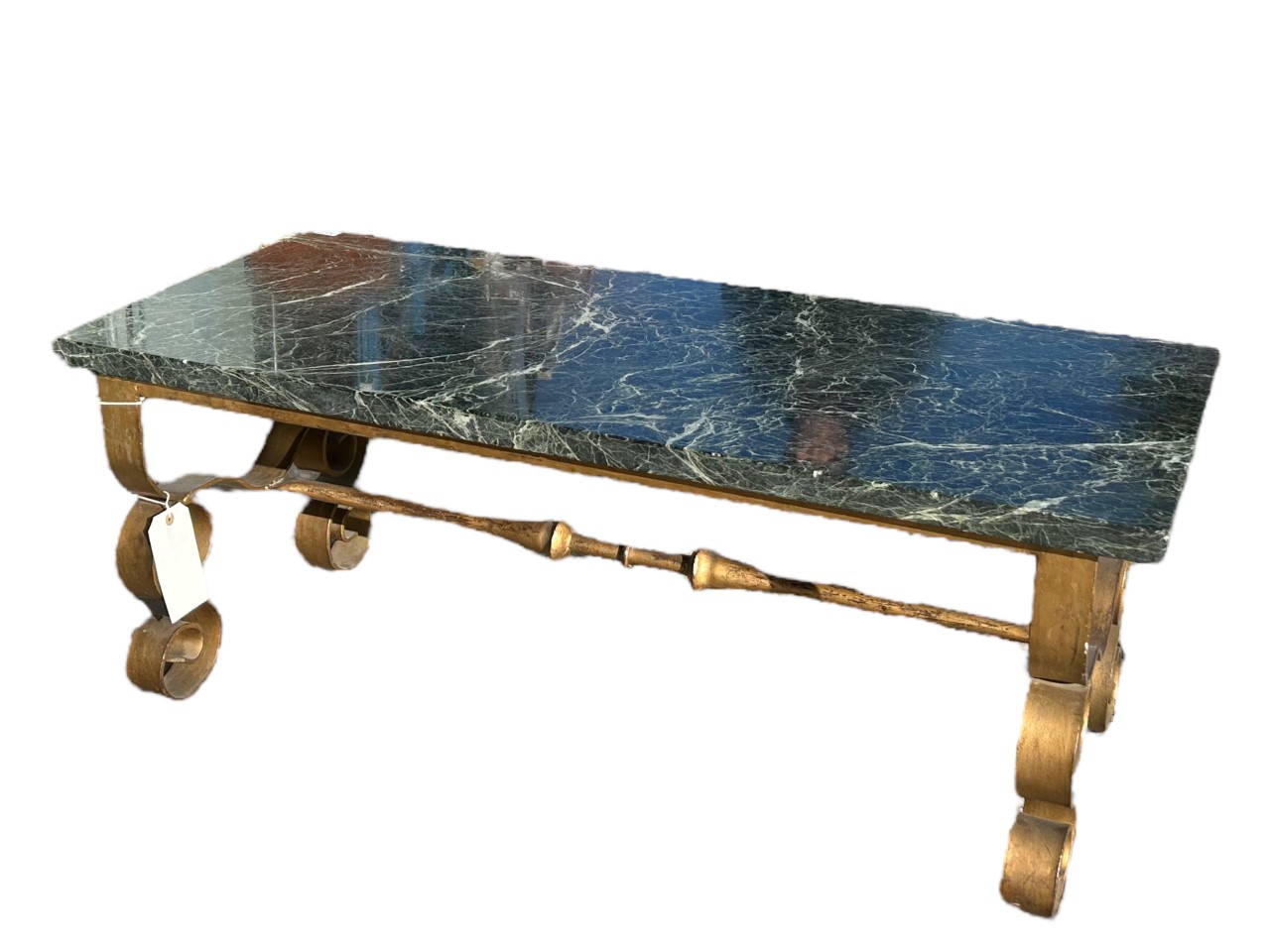 MANNER OF GILBERT POILLERAT, A 20TH CENTURY FRENCH MARBLE TOP COFFEE TABLE Raised on scrolling - Image 2 of 3