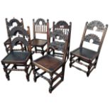 A HARLEQUIN SET OF SIX 17TH CENTURY CHARLES II SOUTH YORKSHIRE CARVED OAK JOINED BACK STOOLS/SIDE