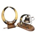 A VICTORIAN HORN AND SILVER PLATED BELL Together with an Edwardian pal, horn and silver plated