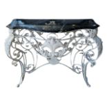 A 20TH CENTURY FRENCH PAINTED WROUGHT IRON SERPENTINE MARBLE TOP CONSOLE TABLE Decorated with