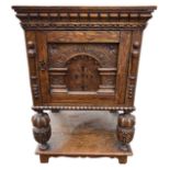 A LATE 19TH/EARLY 20TH CENTURY ELIZABETHAN DESIGN CARVED OAK AND INLAID SIDE CUPBOARD With a