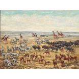 JOAN BARNETT, A LARGE 20TH CENTURY OIL ON CANVAS African landscape, with wild animals, signed