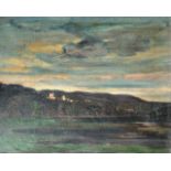 A 20TH CENTURY (POSSIBLY SCOTTISH) OIL ON CANVAS, MOUNTAIN RIVER LANDSCAPE With tower in distance,