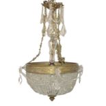 A LATE 19TH CENTURY GILT BRONZE AND GLASS BASKET CHANDELIER Supported on three vine leaf chains