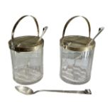 HUKIN & HEATH, A PAIR OF EDWARDIAN SILVER MOUNTED PRESERVE JARS AND SPOONS, HALLMARKED BIRMINGHAM,