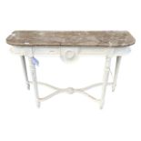 A FRENCH LOUIS XVI WHITE PAINTED CONSOLE TABLE The shaped marble top and carved frieze, raised on