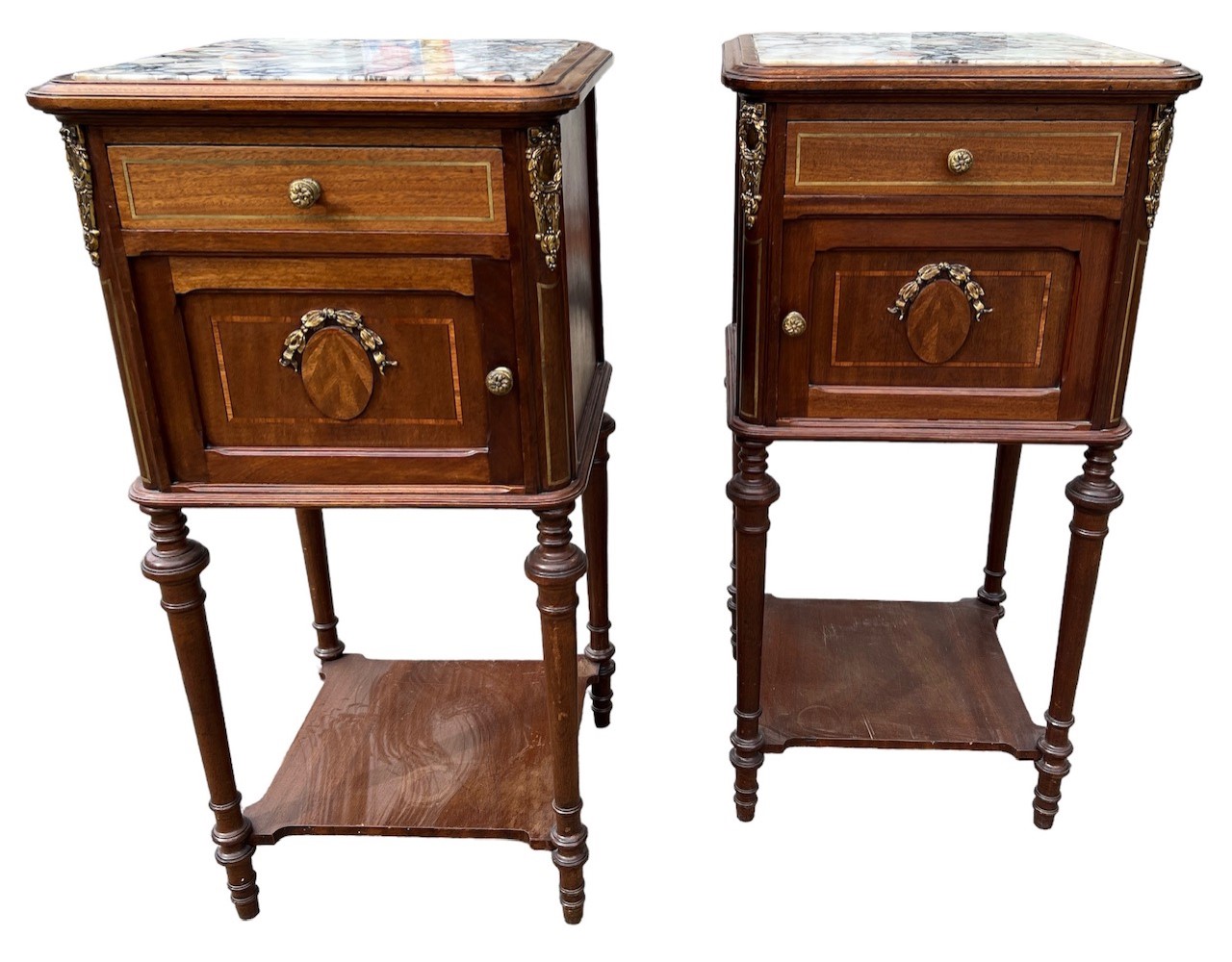 A PAIR OF 19TH CENTURY FRENCH LOUIS XVI DESIGN GILT METAL MOUNTED MAHOGANY AND INLAID BEDSIDE