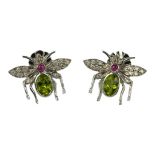 A PAIR 18CT WHITE GOLD LARGE FLY DESIGN EARRINGS, set with oval peridot, cabochon ruby and diamonds,